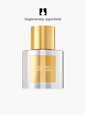 Przezroczysty flakon perfum ze złotą nakrętką i etykietą z napisem 910 50ML. Nad butelką znajduje się czarna ikona i polski tekst "Inspirowany zapachem" na białym tle.