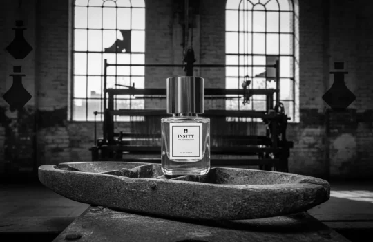 Produkt "freepik__a-dramatic-stylized-image-depicting-a-blend-of-ind__33681" przedstawia flakon perfum na narzędziu przemysłowym w fabryce, z łukowatymi oknami i zabytkowymi maszynami w ponadczasowej, eleganckiej czarno-białej scenie.
