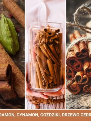Zbliżenie na kardamon, laski cynamonu i goździki, z rękami trzymającymi słoik "cinnamon-stick-swieca-mini (1)" w środku. Scena sugeruje ciepły aromat. Tekst poniżej: kardamon, cynamon, goździki, drzewo cedrowe.