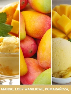 Trzy sekcje: szklana miska lodów waniliowych z miętą, dojrzałe mango w całości i pokrojone w plasterki oraz mango-lody-swieca-mini z miętą. Tekst poniżej brzmi: Mango, lody waniliowe, pomarańcza.