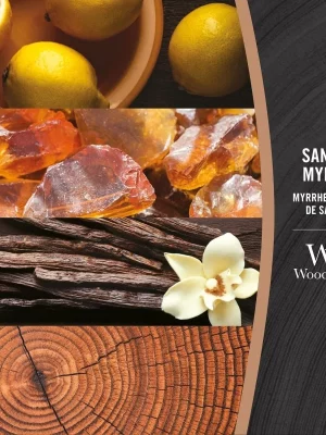 Cztery ułożone obrazy: cytryny w misce, kamienie bursztynu, kwiat wanilii na ziarnach i słoje drzewa. Tekst: santal-myrrh-swieca-srednia (1), Myrrhe et Bois de Santal, WoodWick.