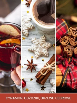 Trzy obrazki: grzane wino w dłoni, kawa z ciasteczkami w kształcie płatków śniegu i laski cynamonu przewiązane tartanową wstążką. Tekst: Sparkling Cinnamon Mini - cynamon, goździki, drzewo cedrowe.