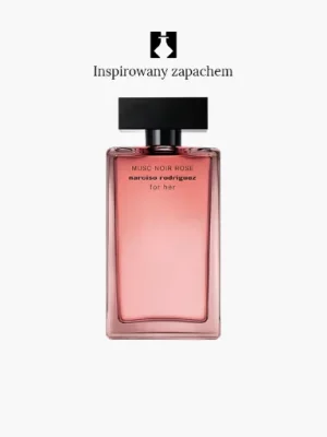 Różowy prostokątny flakon perfum z czarną nakrętką, oznaczony numerem 71596. Nad butelką znajduje się napis "Inspirowany zapachem" i czarne minimalistyczne logo.