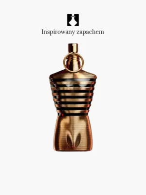 Metaliczny flakon perfum w kształcie tułowia z poziomymi grzbietami jest wyśrodkowany na białym tle. Nad nim znajduje się napis w języku polskim "Inspirowany zapachem Le Male Elixir".