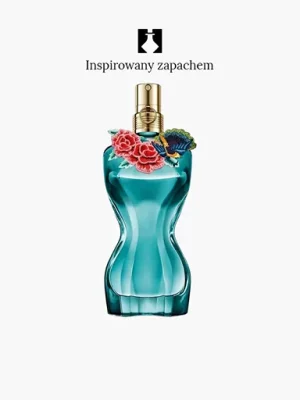 Turkusowa, zaokrąglona buteleczka perfum z napisem „545, ozdobiona motywami kwiatowymi w pobliżu złotej dyszy rozpylającej, przedstawiona na białym tle z polskim tekstem powyżej.