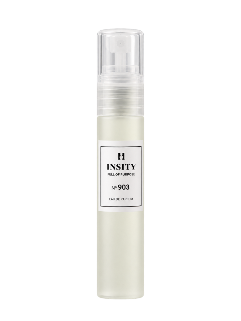Mała szklana buteleczka z atomizerem o pojemności 10 ml, z białą etykietą z napisem INSITY FULL OF PURPOSE Nº 903 EAU DE PARFUM.