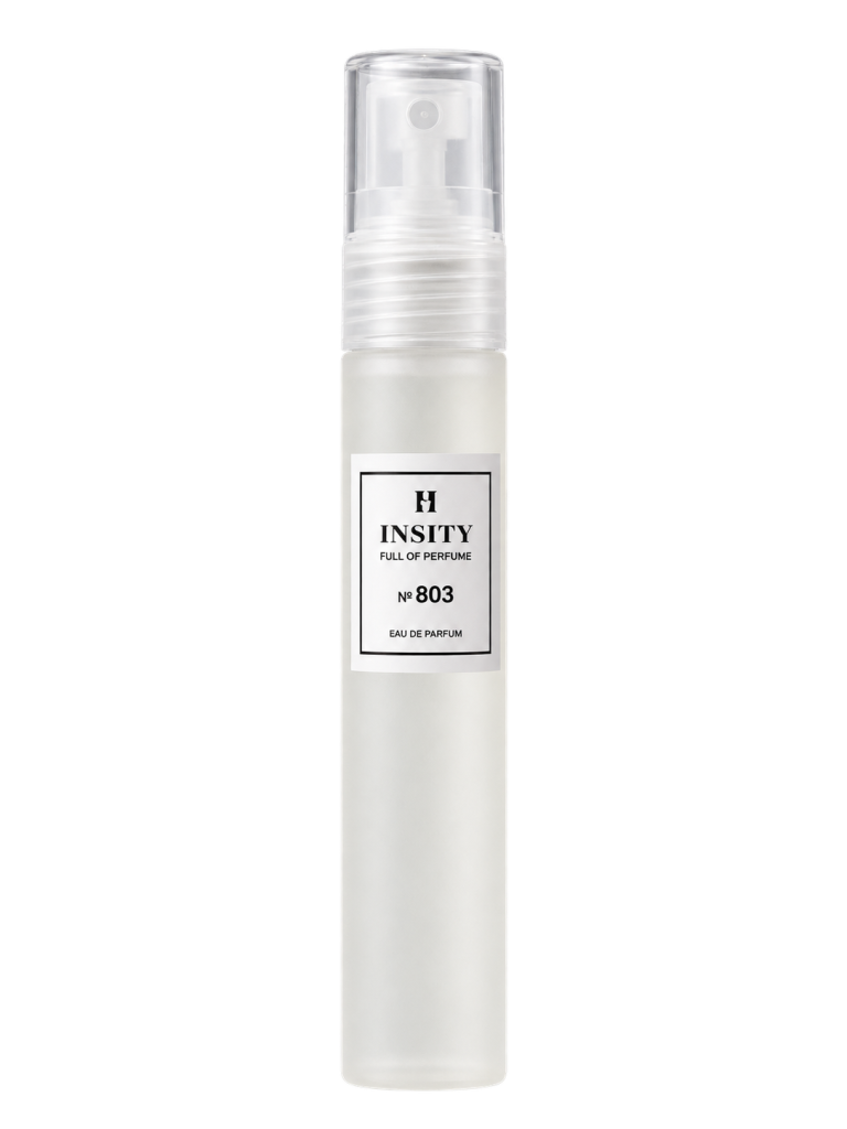 Wysoka butelka z matowego szkła zawierająca 22 ml perfum, z etykietą INSITY FULL OF PERFUME No 803 EAU DE PARFUM.