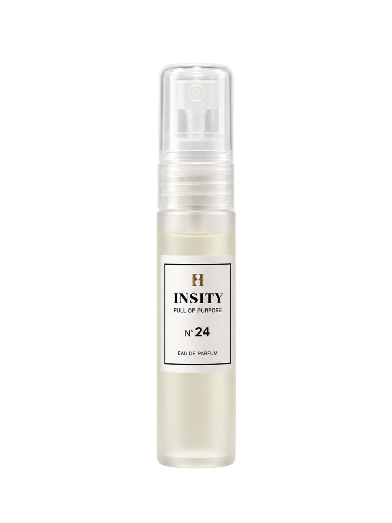 Mała, cylindryczna buteleczka perfum o pojemności 6 ml z etykietą z napisem INSITY FULL OF PURPOSE N° 24 EAU DE PARFUM.